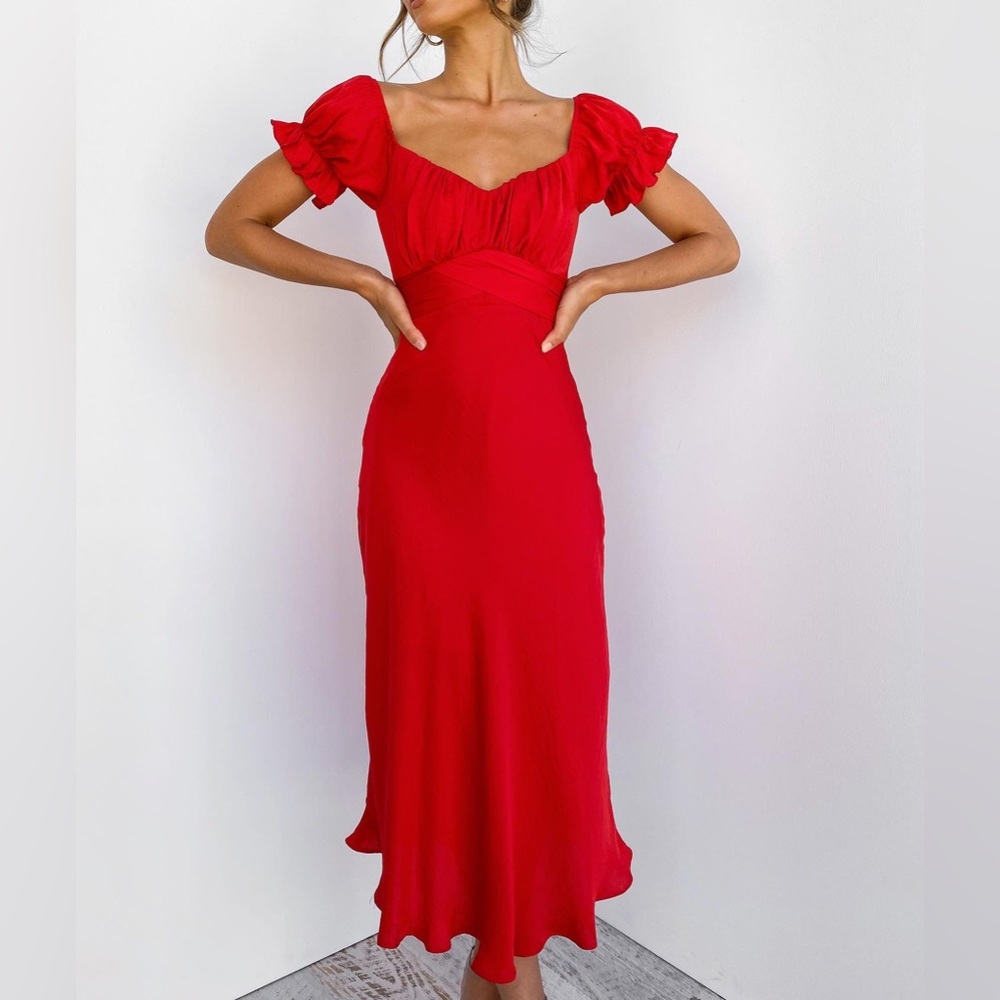 Petal & Pup Red Midi Dress with Puff Sleeves